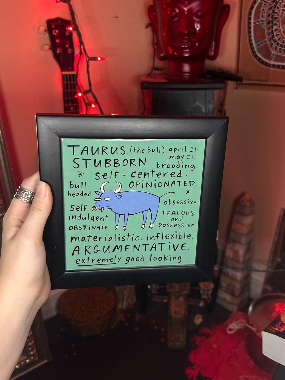 Trendy Taurus Zodiac Art Ceramic Tile in Frame Blue & Turquoise Framed Wall Art